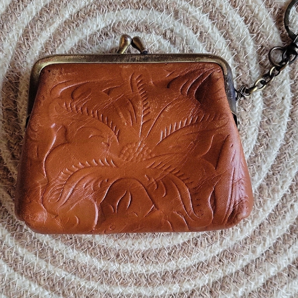 Patricia Nash Embossed Leather Kiss-Lock Coin Purse - Cognac Brown - Picture 2 of 4